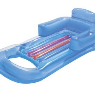 Plavi madrac na napuhavanje s naslonom i otvorom za noge, dimenzija 161x84 cm, prikazan s detaljem ventila.