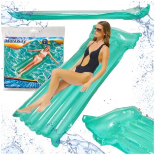 Plavi madrac na napuhavanje s jastukom, dimenzija 183x76 cm, prikazan u cijelosti i detaljno izbliza.