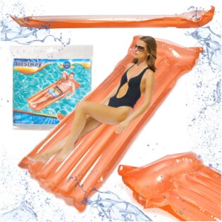 Narančasti madrac na napuhavanje dimenzija 183x76 cm s jastukom i uzdužnim komorama, prikazan iz više kutova.