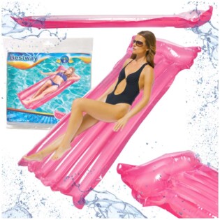 Rozi madrac na napuhavanje dimenzija 183x76 cm s jastukom i uzdužnim komorama, prikazan iz više kutova.