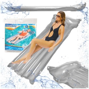 Sivi madrac na napuhavanje dimenzija 183x76 cm s jastukom i uzdužnim komorama, prikazan iz više kutova.