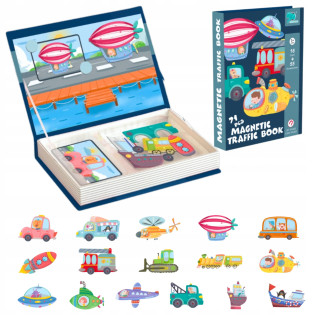 Magnetna slagalica Vozila – knjiga s magnetima, autićima, avionima i karticama za slaganje. Edukativna igračka za djecu.
