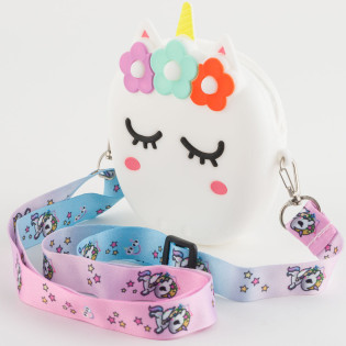 Bijela dječja torbica u obliku jednoroga s cvjetnim ukrasima i šarenim remenom.