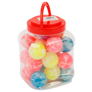 Set šarenih kaučuk loptica s brokatom u prozirnoj posudi s crvenim poklopcem.