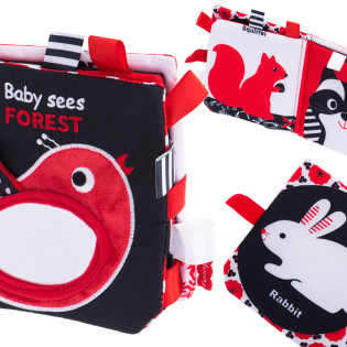 Senzorna kontrastna knjiga za bebe s ogledalom, šuškavim stranicama i ilustracijama životinja.