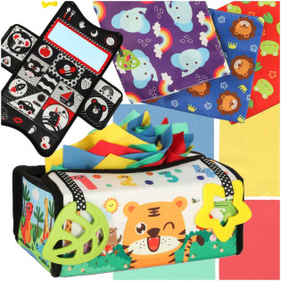 Montessori 2u1 kutija i podloga s raznobojnim maramicama, šuškavim tkaninama i motivima životinja.