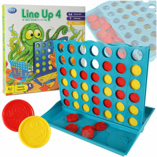Društvena igra slagalica 4 u nizu s plavom pločom i crvenim i žutim žetonima.