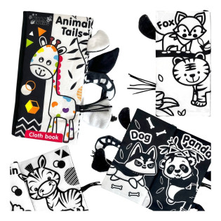 WOOPIE kontrastna senzorna knjiga za bebe s crno-bijelim ilustracijama životinja i repovima koji vire iz stranica.