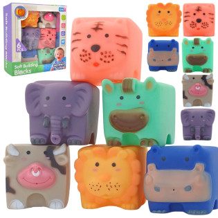 WOOPIE senzorne kocke za bebe – set od 6 mekanih škripavih kocki s motivima životinja u pastelnim bojama.