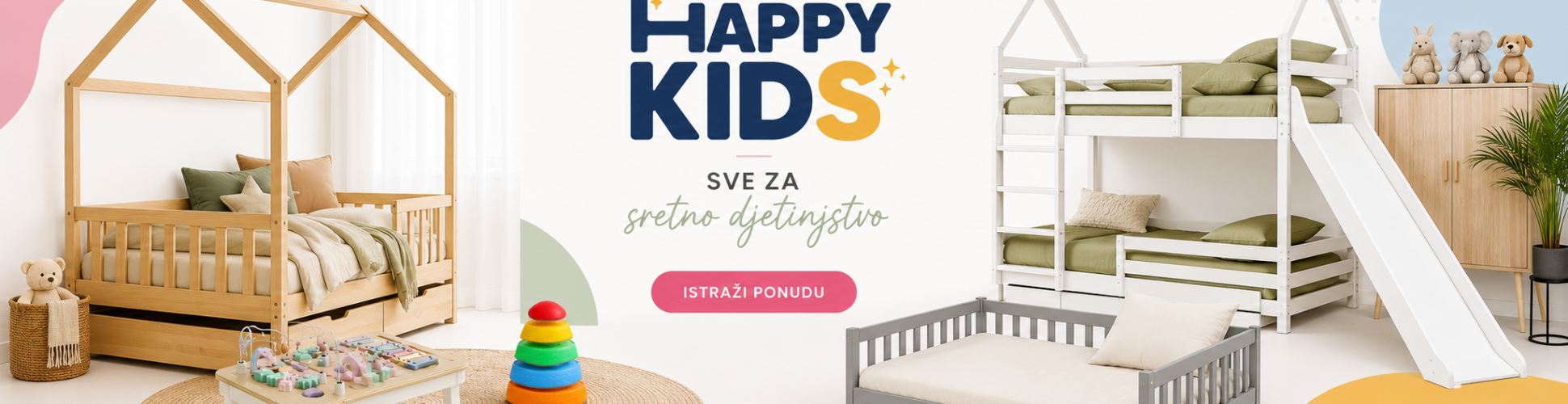 Happy Kids dječji namještaj i Montessori igračke – drveni krevet kućica, krevet na kat s toboganom, niski dječji krevet, manipulativni Montessori stol i senzorno kamenje za razvoj djece.
