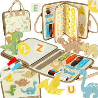 Mekana senzorna knjiga Montessori Dino za djecu 3+ s filcanim slovima, brojevima, dinosaurima, kopčama, vezicama i suho-brisivom pločom za razvoj motorike i učenje.