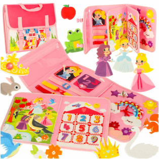Senzorna-montessori-manipulativna-knjiga-za-djevojčice Mekana senzorna knjiga Montessori Princeze u obliku torbice i ruksaka za djevojčice 3+ s filcanim princezama, brojevima, geometrijskim oblicima, vezicama, kopčama i edukativnim aktivnostima.